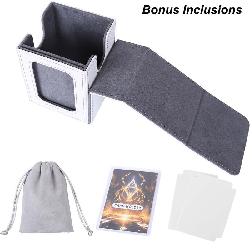 AFIING MTG Deck Box for Commander Display, Fits 100 Double Sleeved Cards, Magic Commander TCG Card Storage Box with 2 Dividers, Drawstring Bag and 1 Toploader (White/Grey) - Image 5